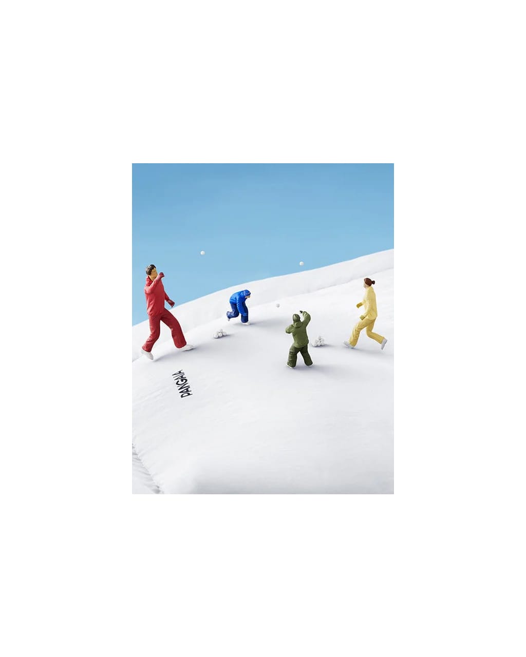 PANGAIA brand red, blue, olive green, yellow insulated winter snowsuits on miniature figures playing in fresh snow