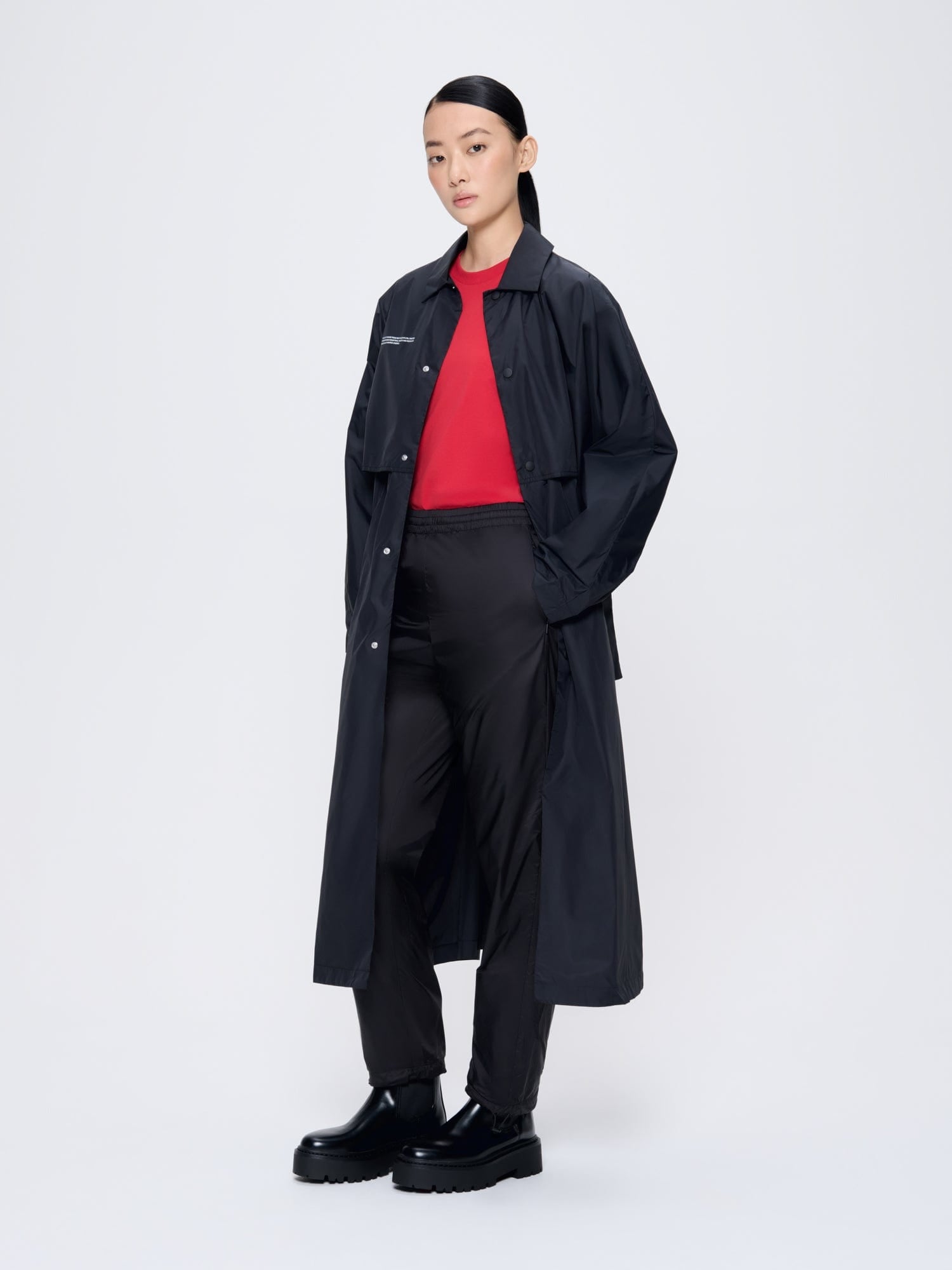 Womens Recycled Nylon Trench Coat—black