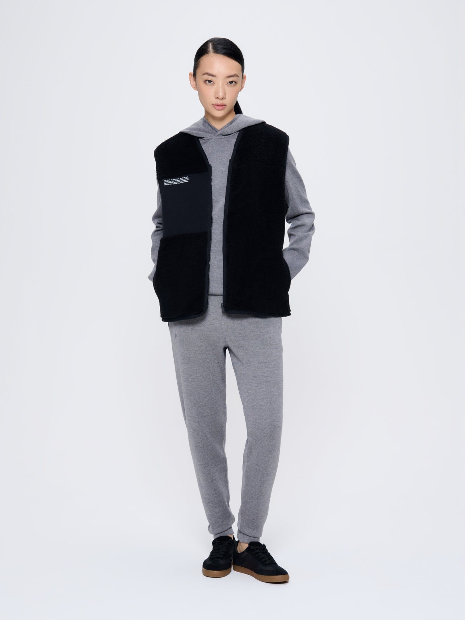 Womens Black Recycled Wool Fleece Gilet | PANGAIA