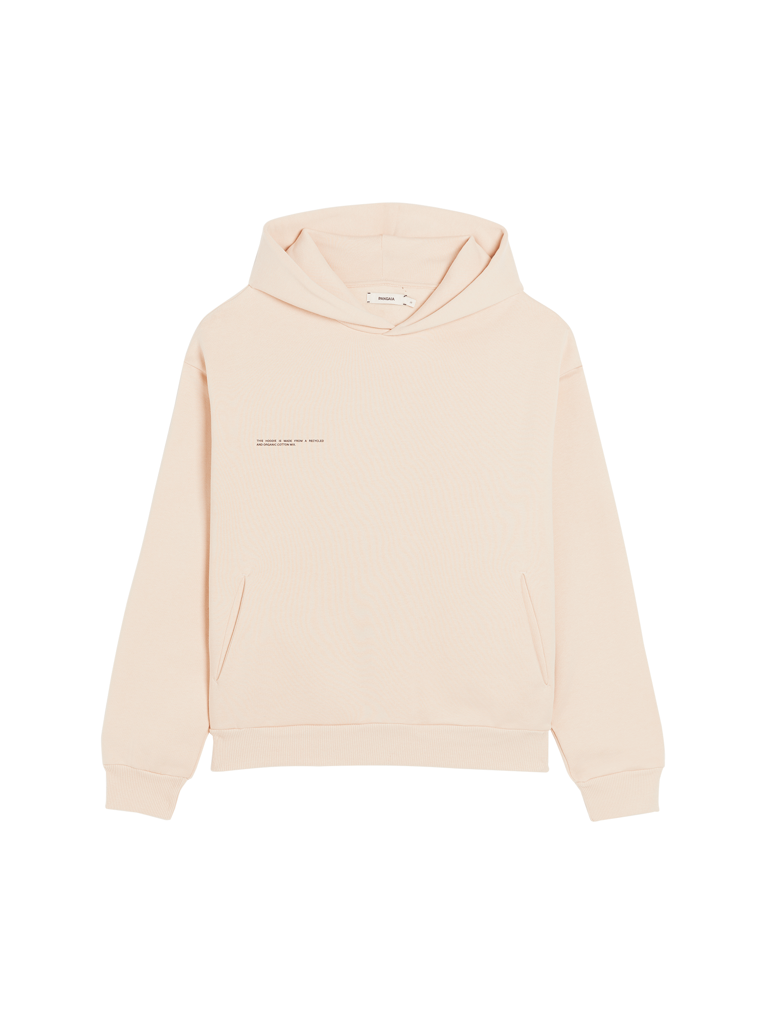 Pangaia sand recycled organic cotton blend hoodie packshot. Relaxed fit sweatshirt with front pouch pocket and ribbed trims