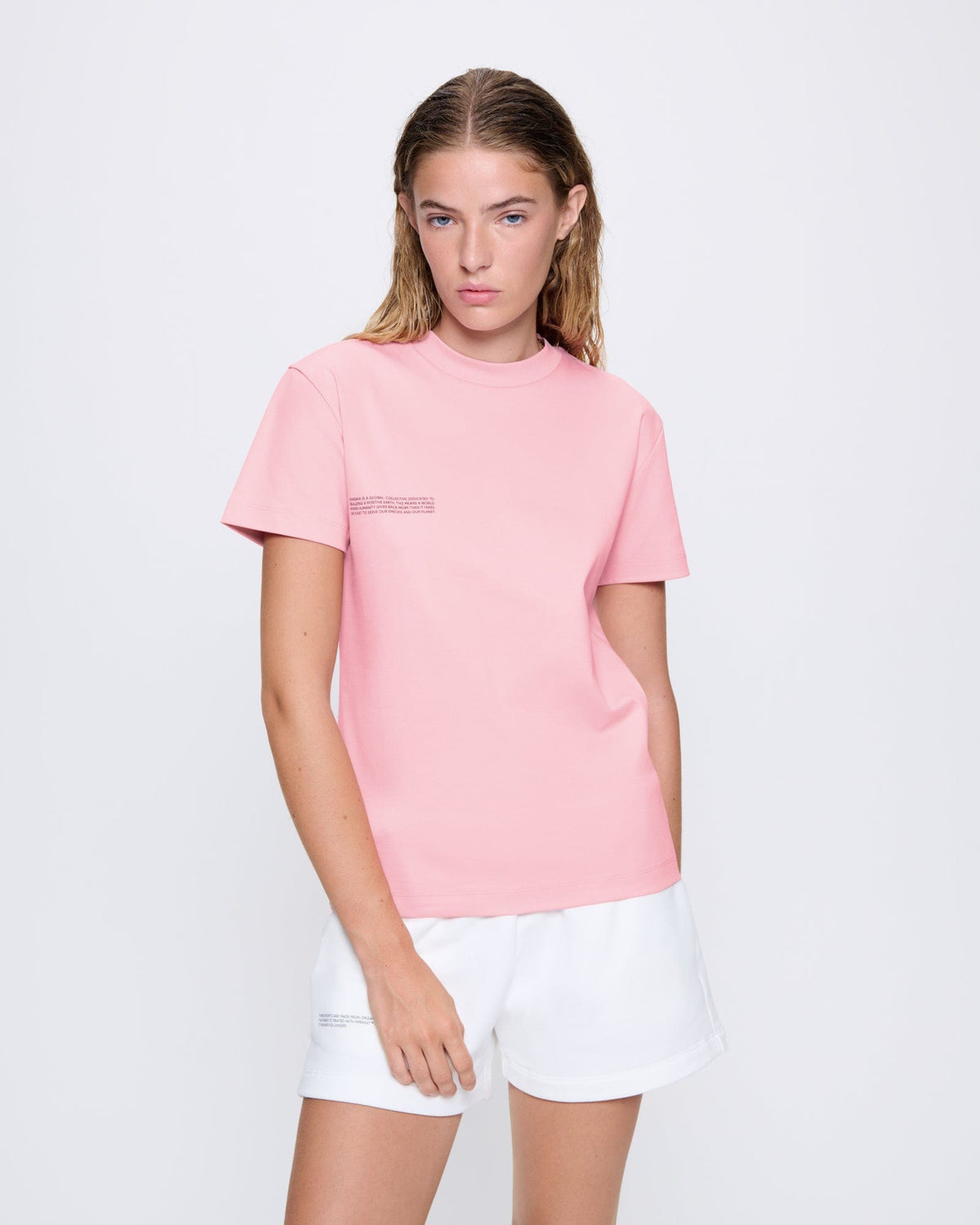 Womens Interlock Text Block T-Shirt—Sakura Pink