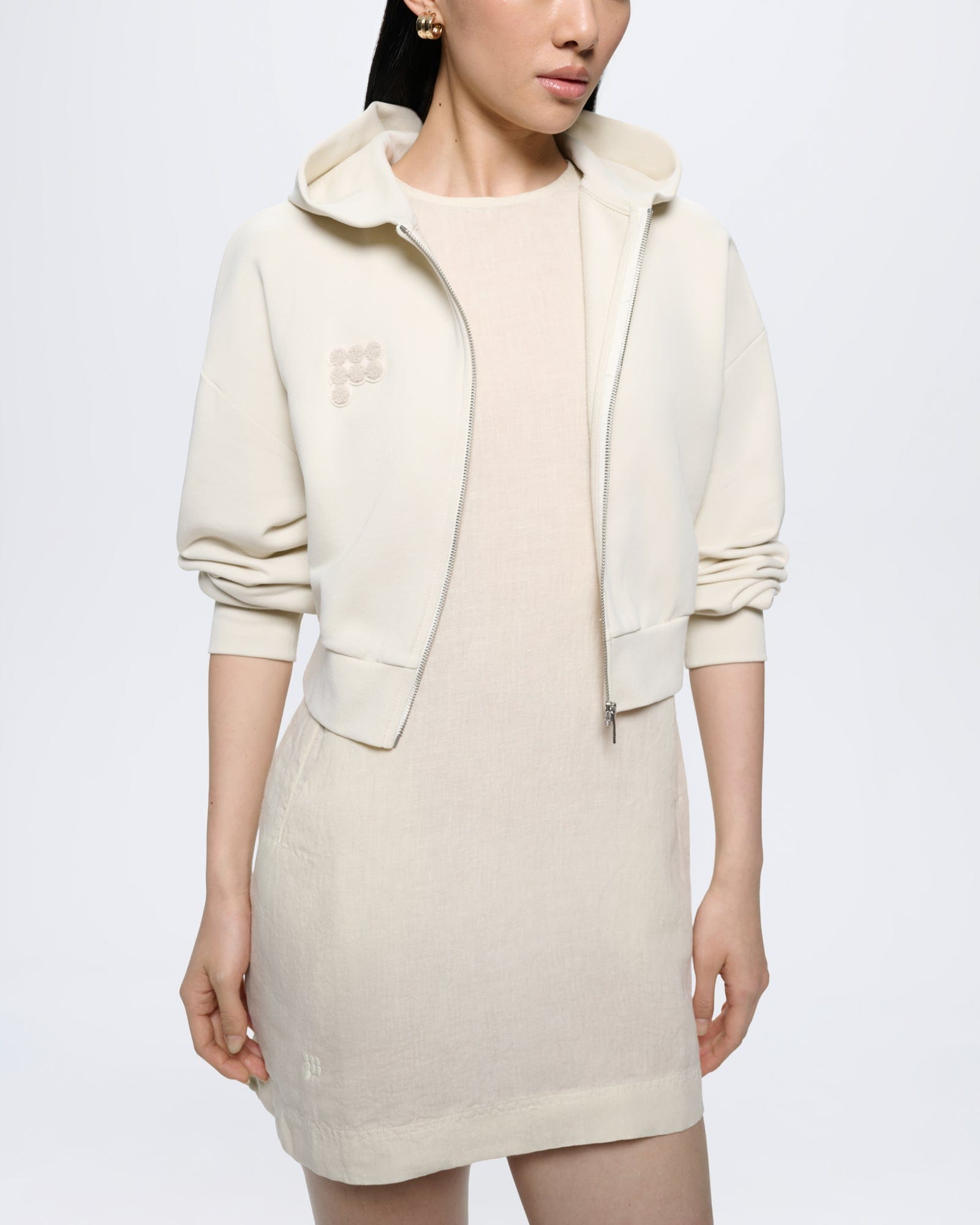 Womens Cropped Zip Up Hoodie—Bone White