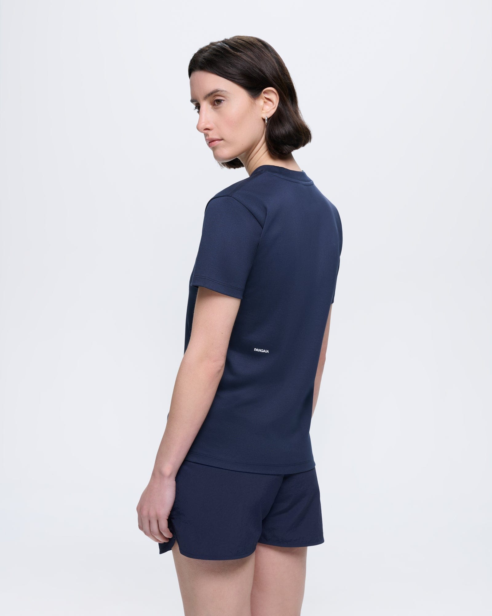 Womens Granite Navy organic cotton Interlock T-shirt. Regular fit, crew neck, structured silhouette, ultra-soft