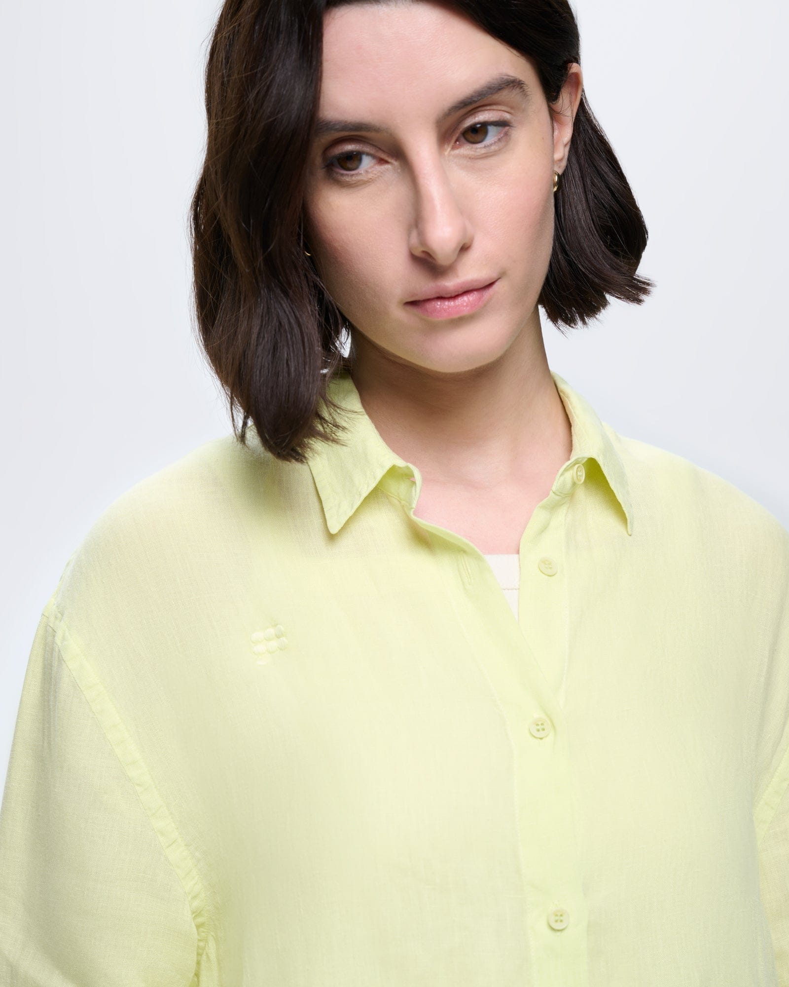 Soft Lime Womens European Flax linen overshirt, relaxed fit, collared, buttons, subtle chest detail