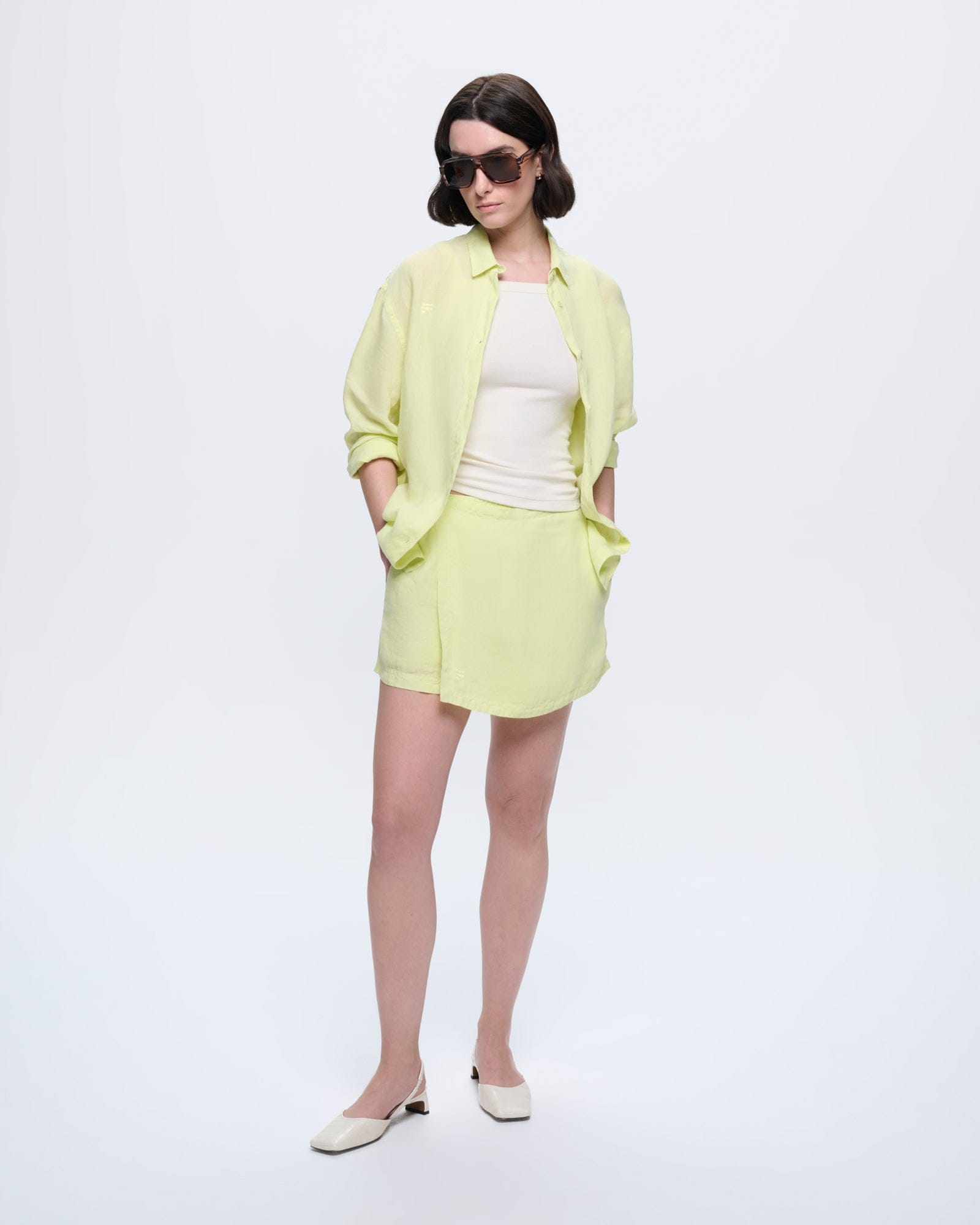 Womens Soft Lime European Flax linen overshirt, relaxed fit, long sleeves, paired with matching shorts