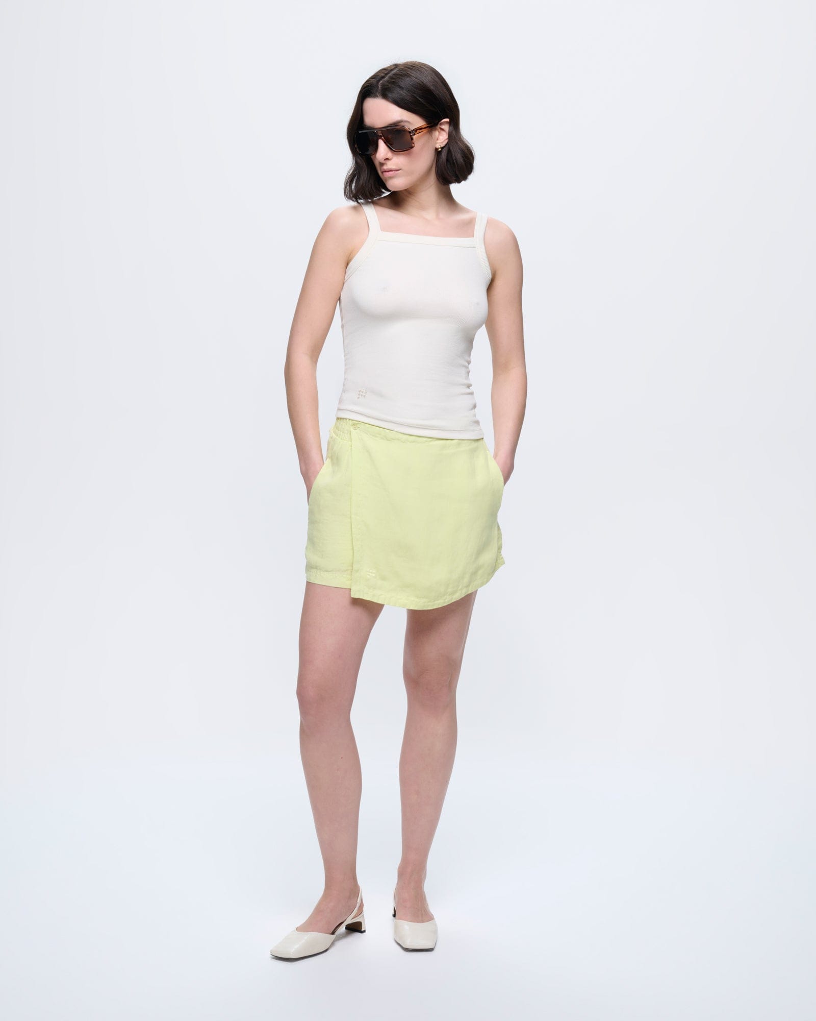 Womens Linen Wrap Shorts—Soft Lime