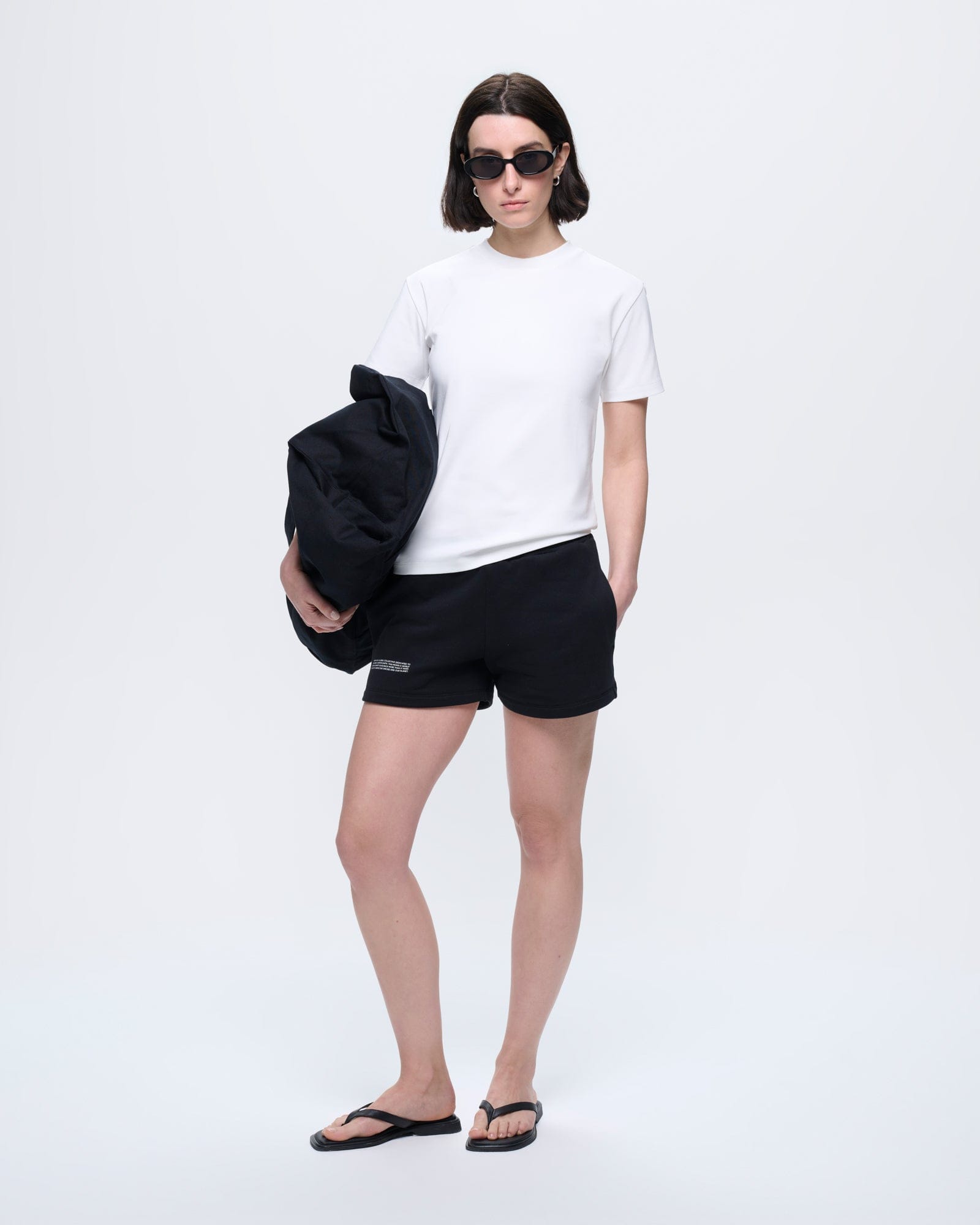 Model wearing Womens Off-White Interlock T-Shirt, regular fit, ultra-soft organic cotton jersey, short sleeve, crew neck
