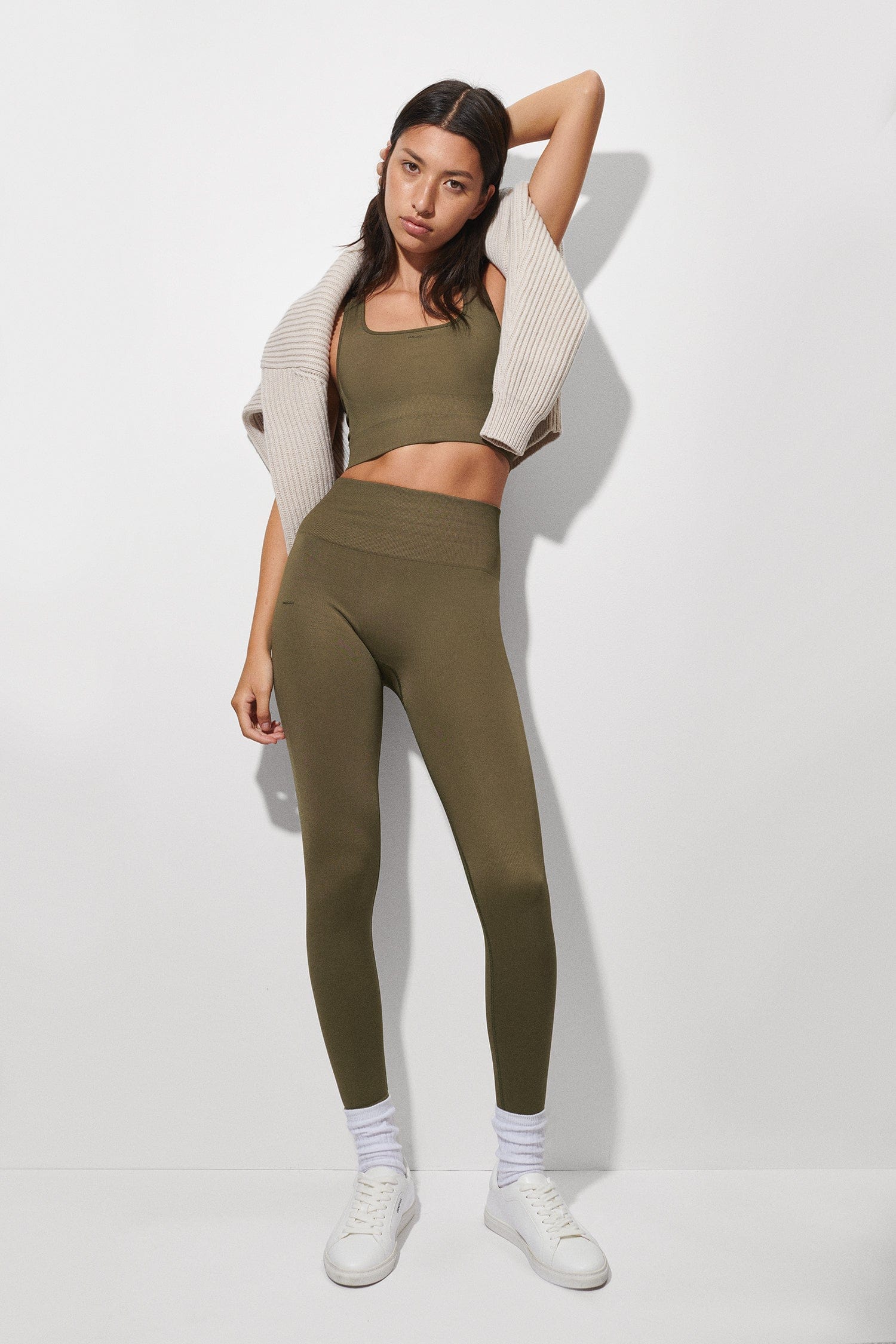 Buy Go Colors Women Solid Olive Green Ribbed Legging online