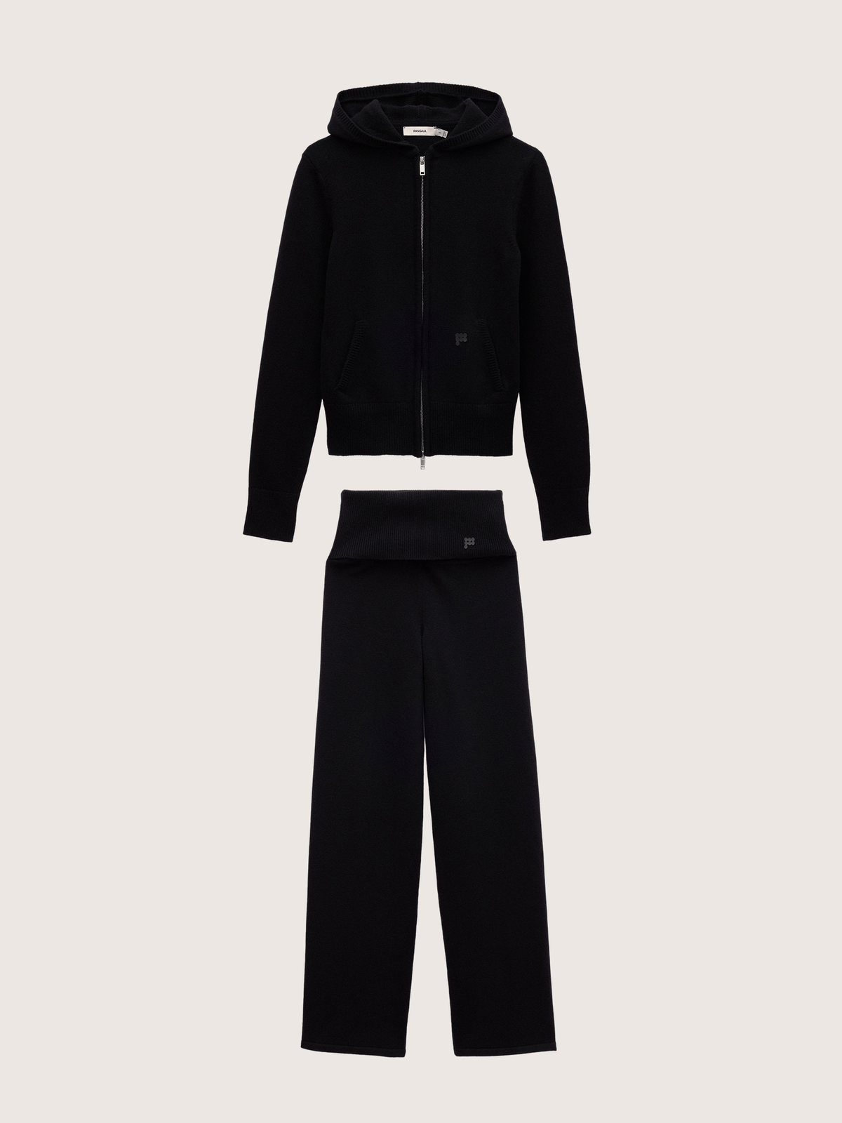 Womens Cashmere and Merino Wool Blend Zip Up Hoodie and Trousers Set—Black