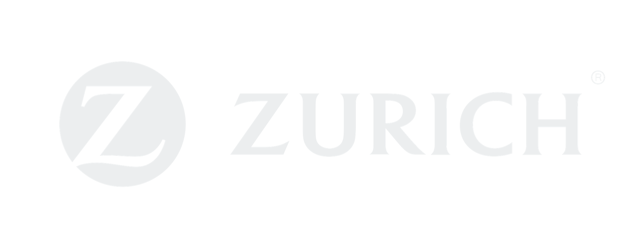 Zurich light gray brand logo on white background. Stylized Z emblem with ZURICH text in serif capitals, registered trademark