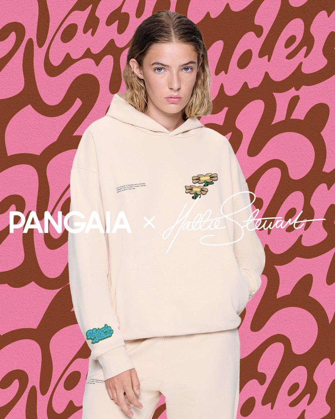 Oatmeal Pangaia x Hattie Stewart collaboration hoodie and sweatpants set. Relaxed fit, embroidered daisy graphics, premium cotton