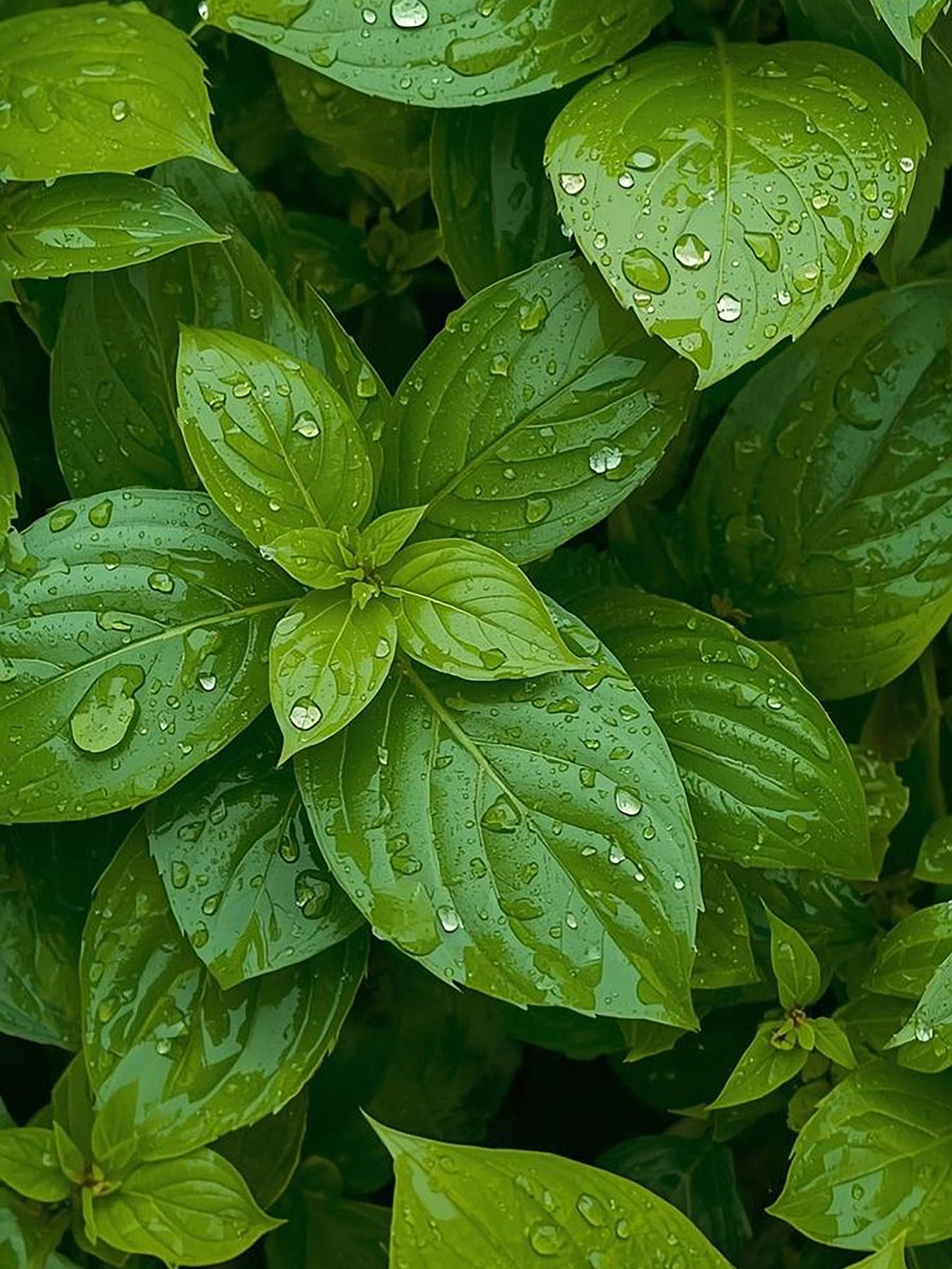 Lush emerald green plant leaves glistening with clear water droplets, detailed natural texture, vibrant organic tones.