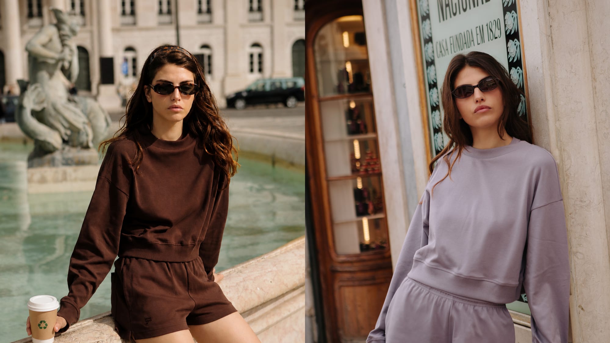 Women's chocolate brown cotton fleece cropped sweatshirt and shorts set. Lavender long sleeve crewneck and shorts set