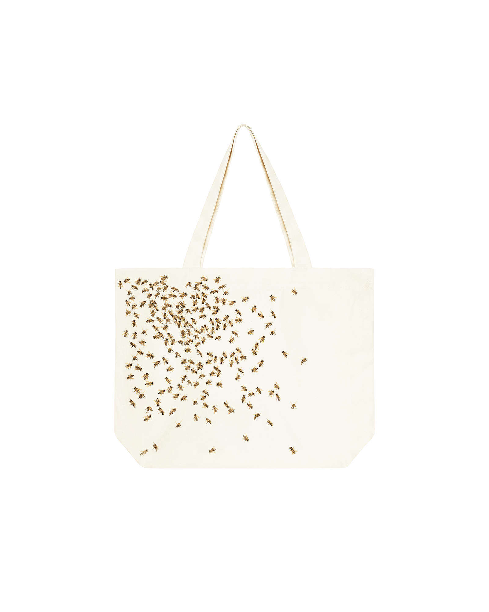 Off-white cotton hemp blend Bee The Change tote bag packshot with swarm bee print