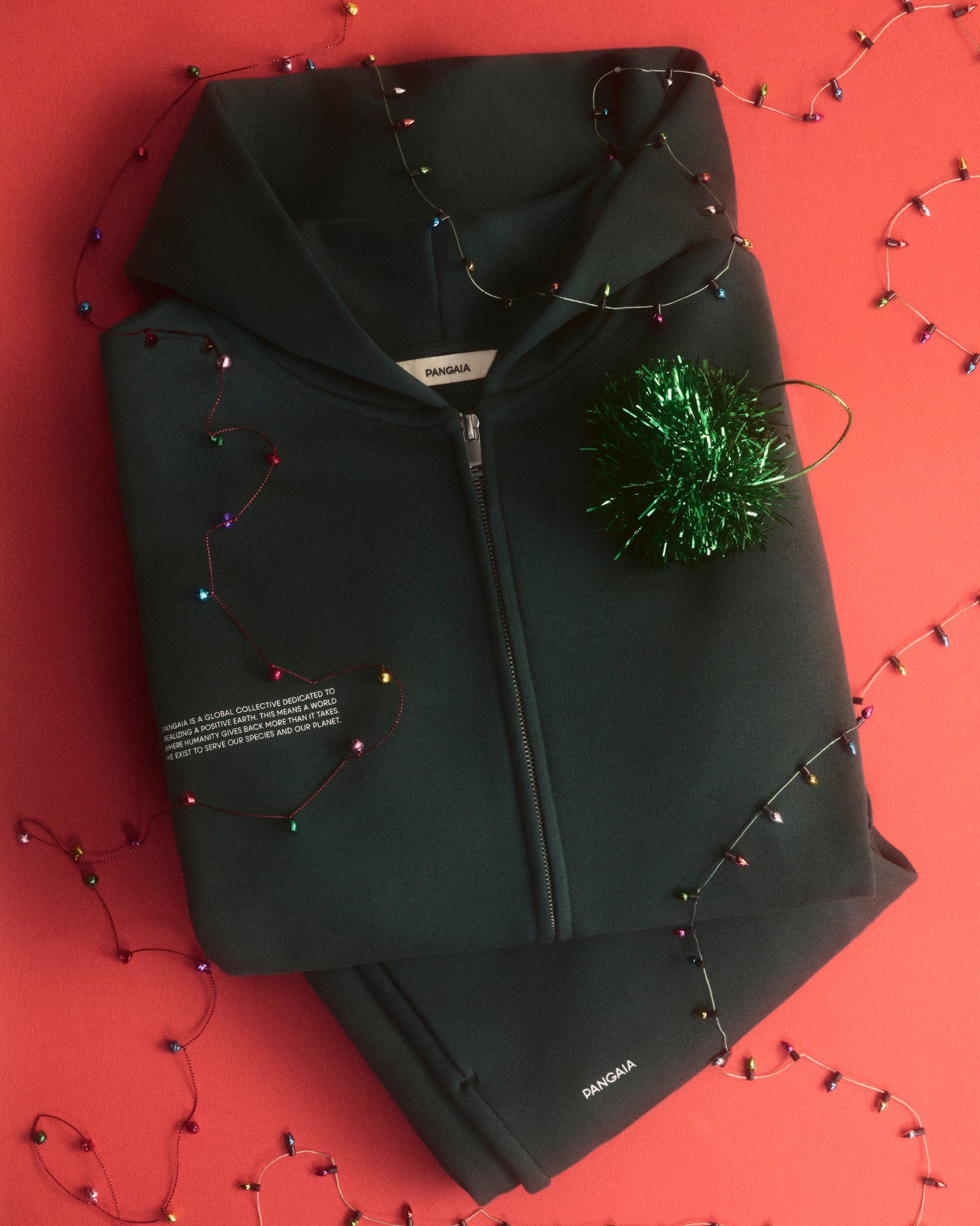Pangaia dark green heavyweight fleece full-zip hoodie and sweatpants lounge set packshot