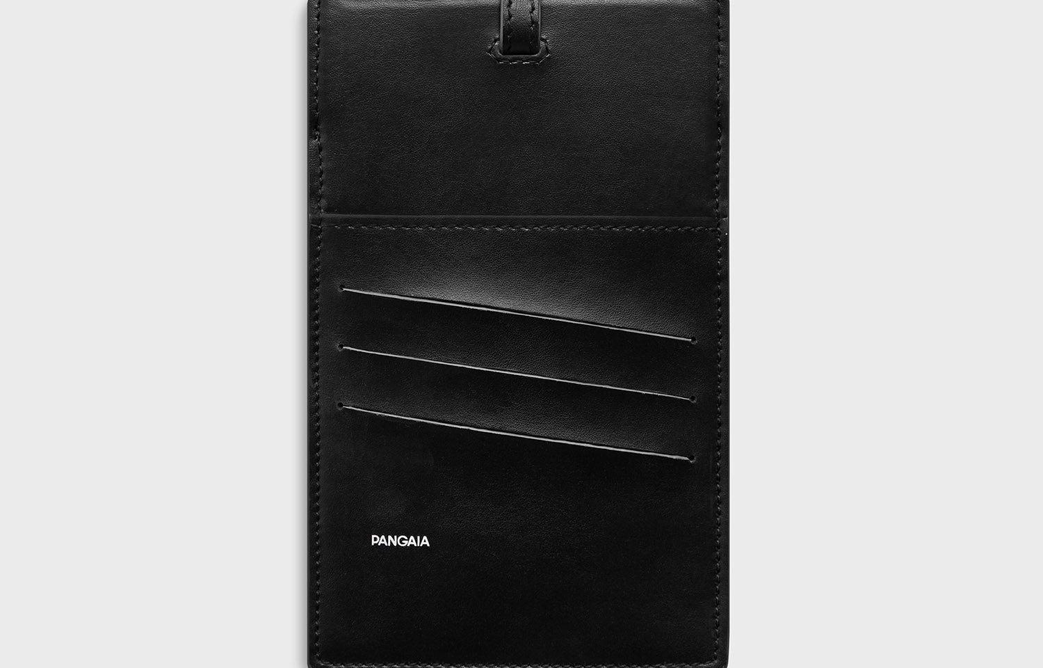 Black Pangaia biobased plant-based leather passport holder packshot, compact cross-body pouch with multiple card slots