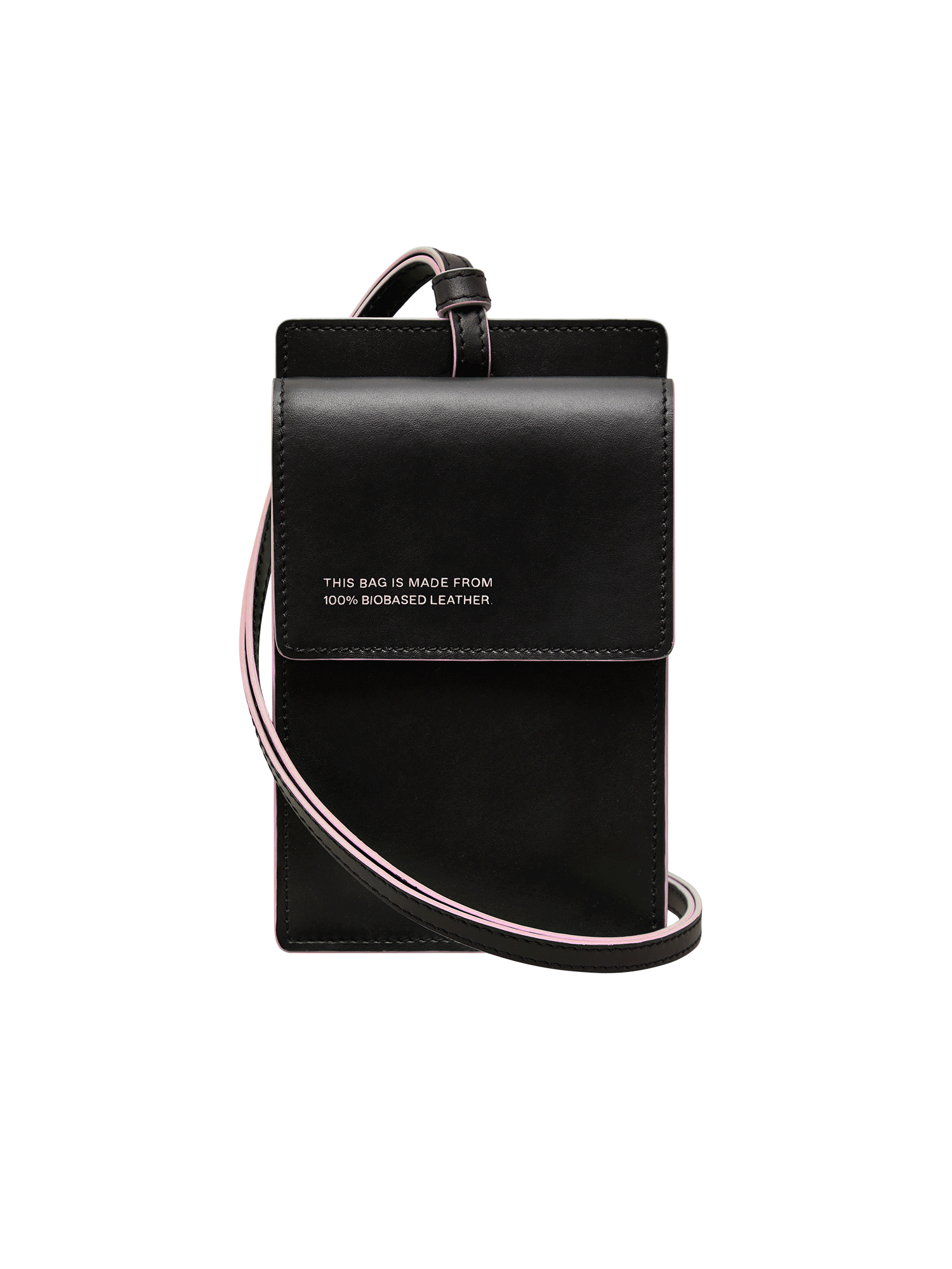 Pangaia black 100% biobased leather passport holder, sakura pink strap trim cross-body pouch