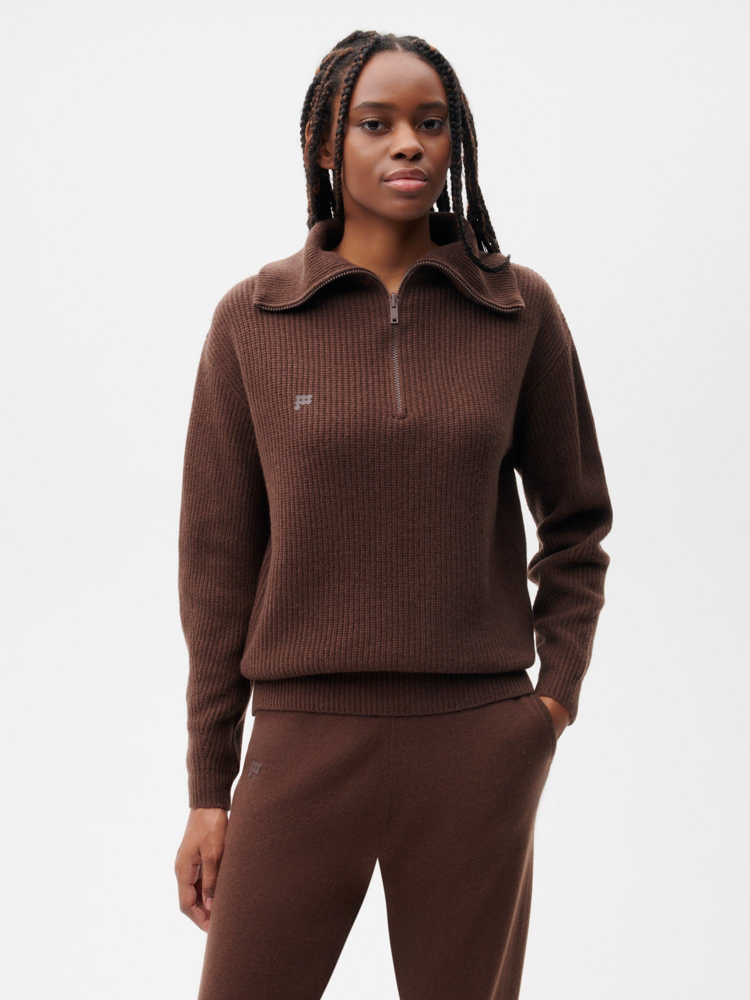 Sale Recycled Cashmere Half Zip Sweater - Chestnut Brown - Pangaia