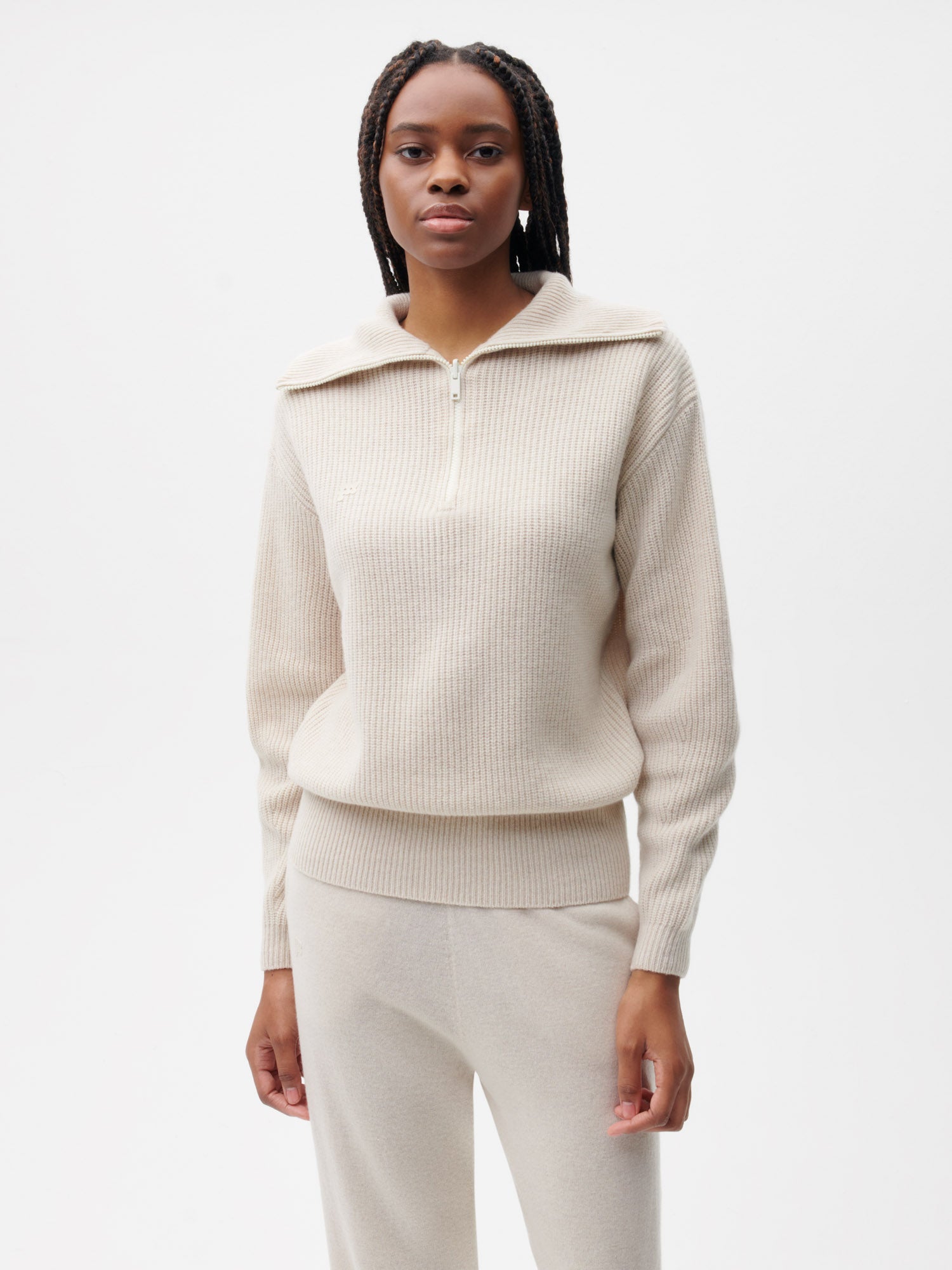 Recycled Cashmere Half Zip Sweater - Oatmeal - Pangaia
