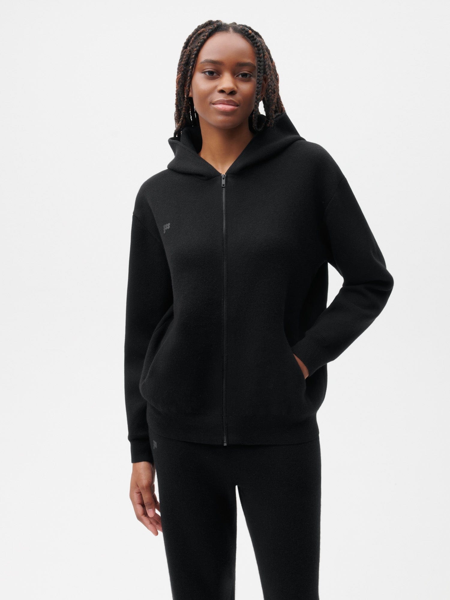 Black cashmere zip store up hoodie