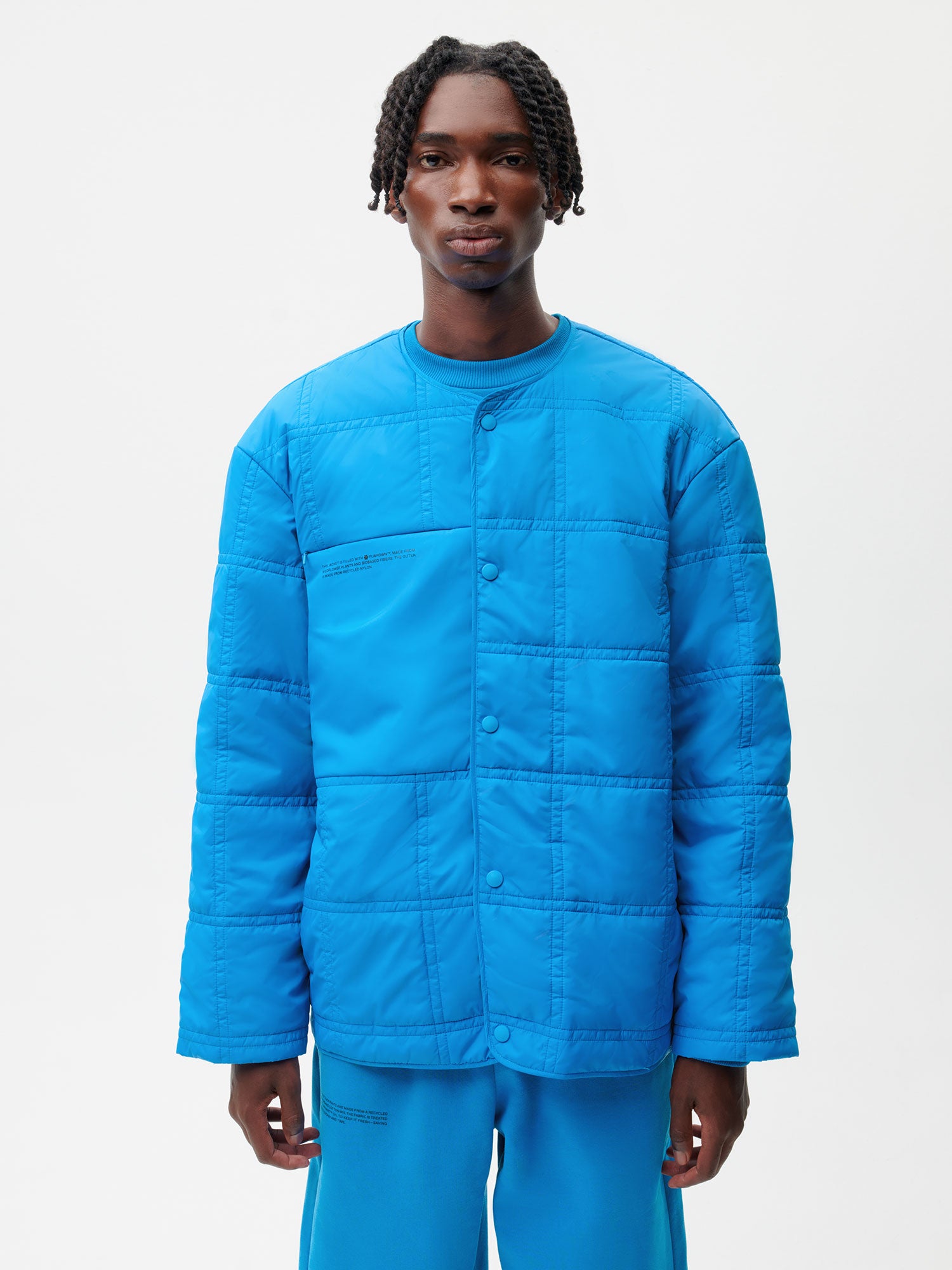 Recycled Nylon FLWRDWN Quilted Collarless Jacket—cerulean blue male
