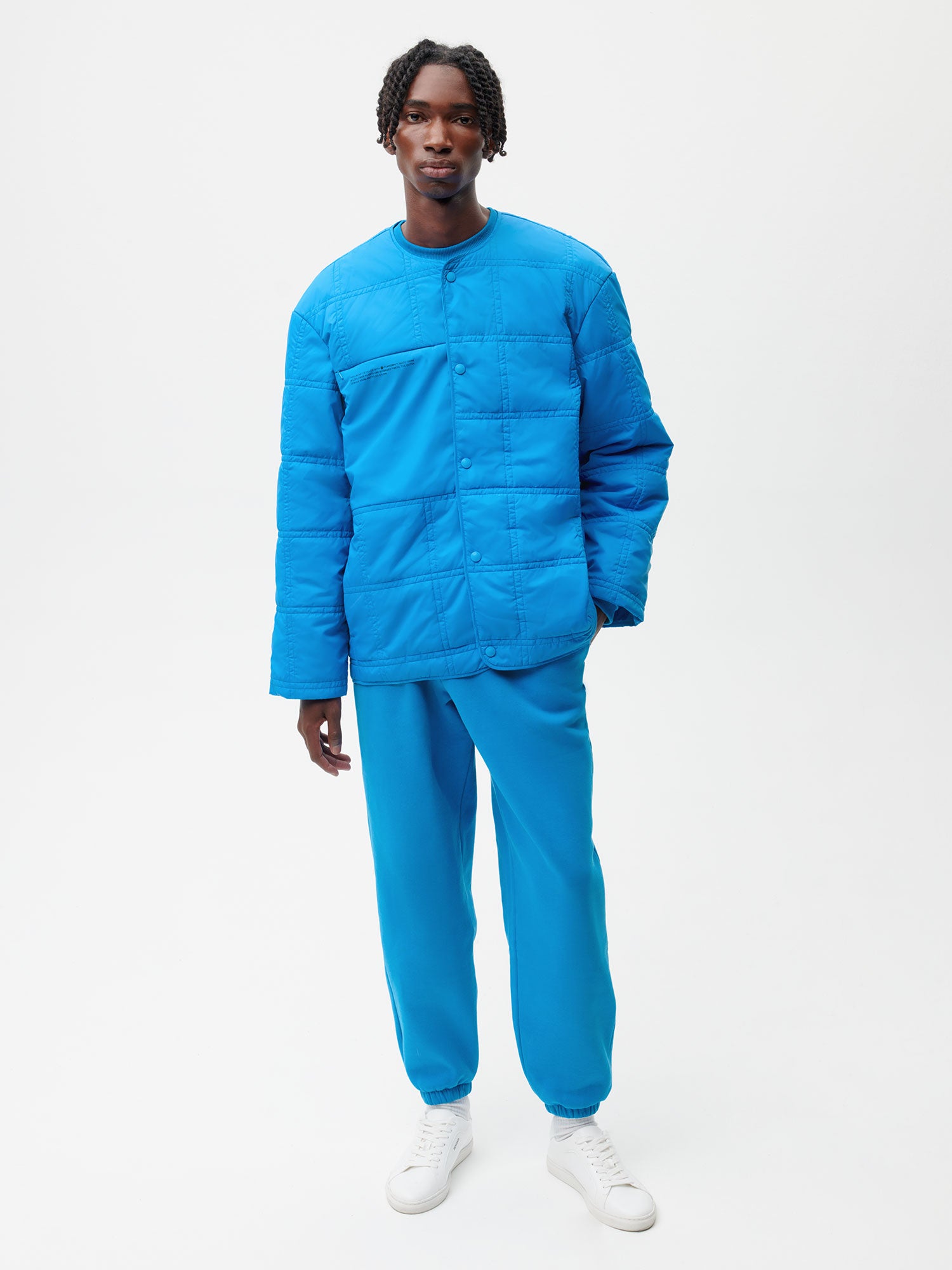 Recycled Nylon FLWRDWN Quilted Collarless Jacket—cerulean blue male