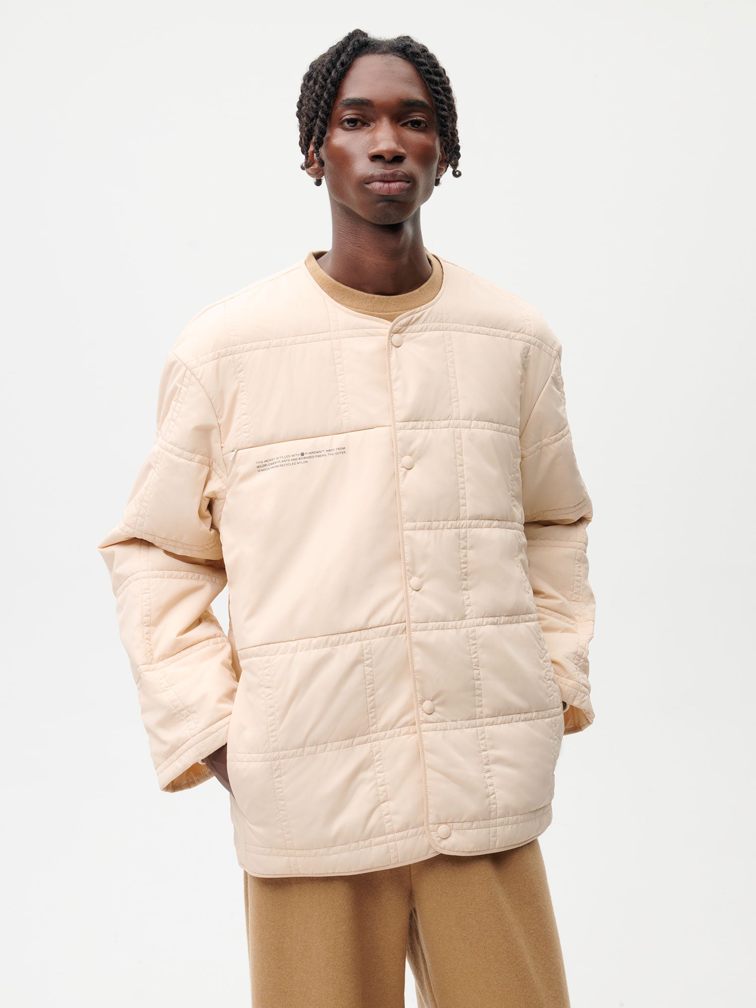 Recycled Nylon FLWRDWN Quilted Collarless Jacket—sand male-1