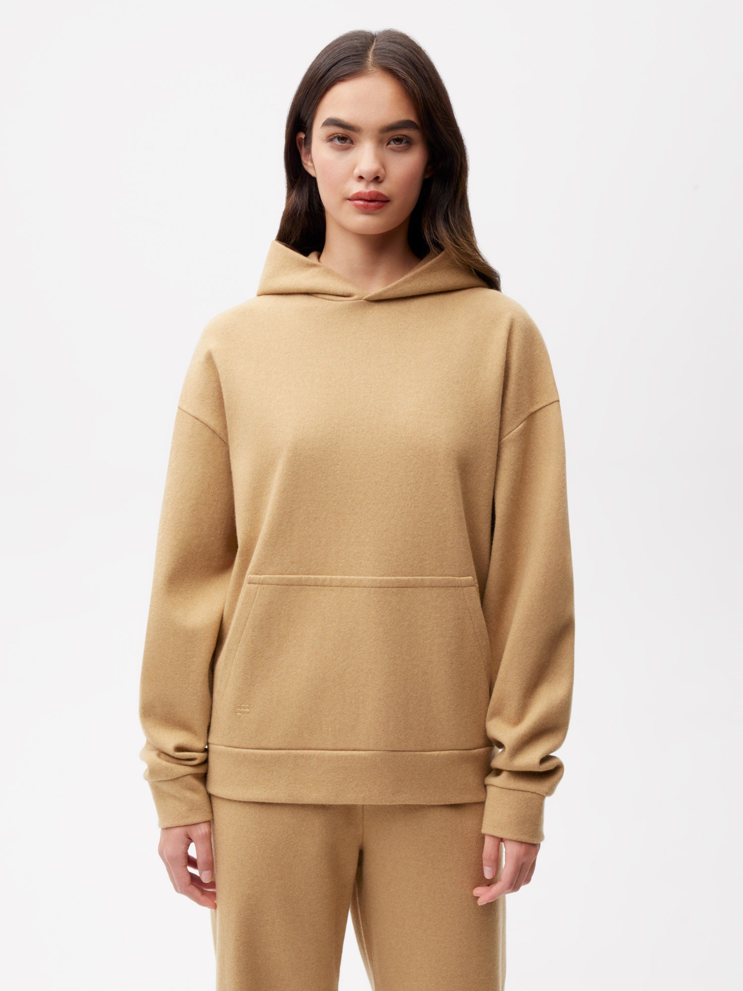 Recycled-Wool-Jersey-Hoodie-with-Pocket-Camel-Female-1