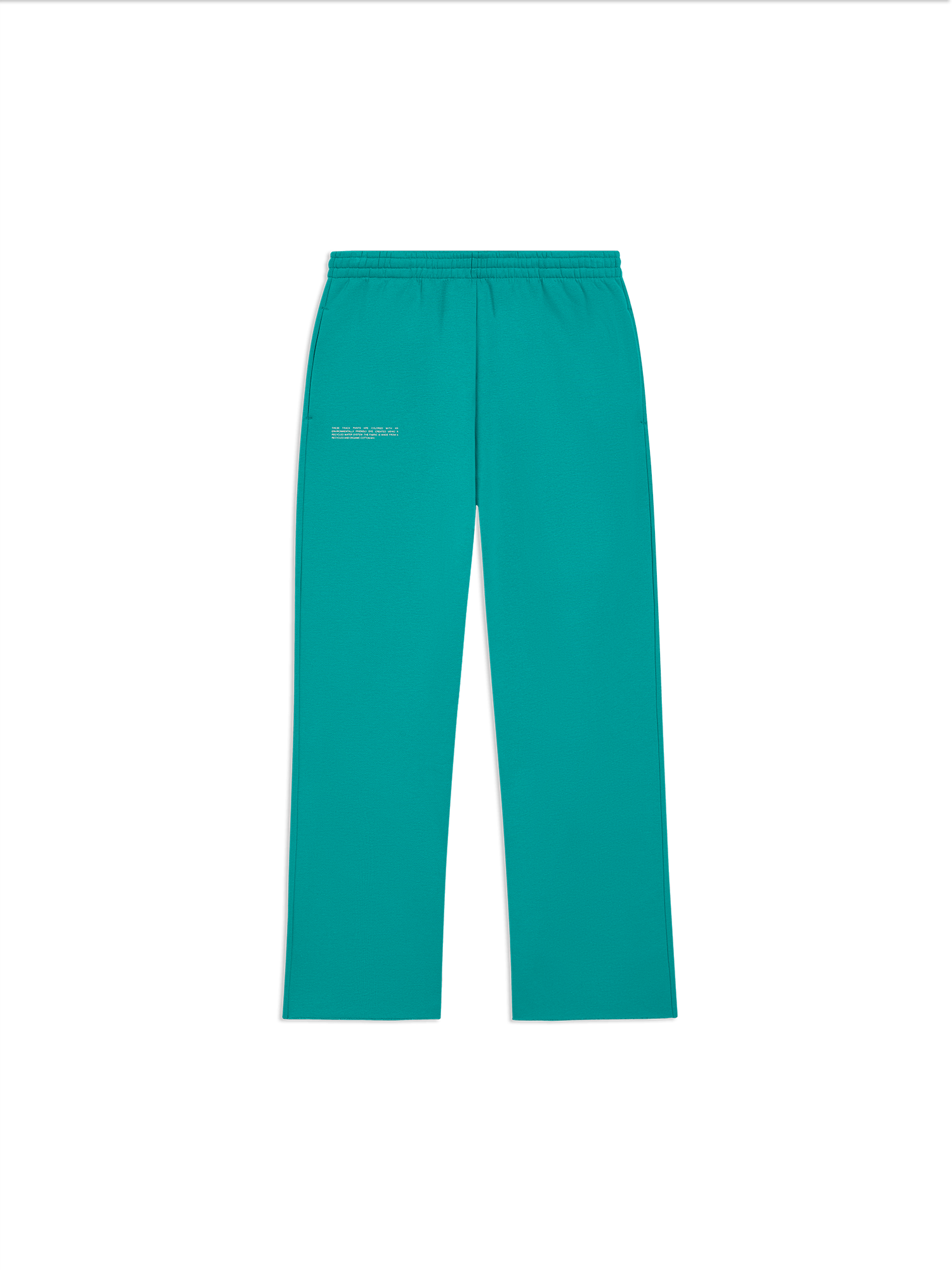 Teal joggers packshot, premium recycled cotton blend, relaxed fit, elasticated waist, straight leg style